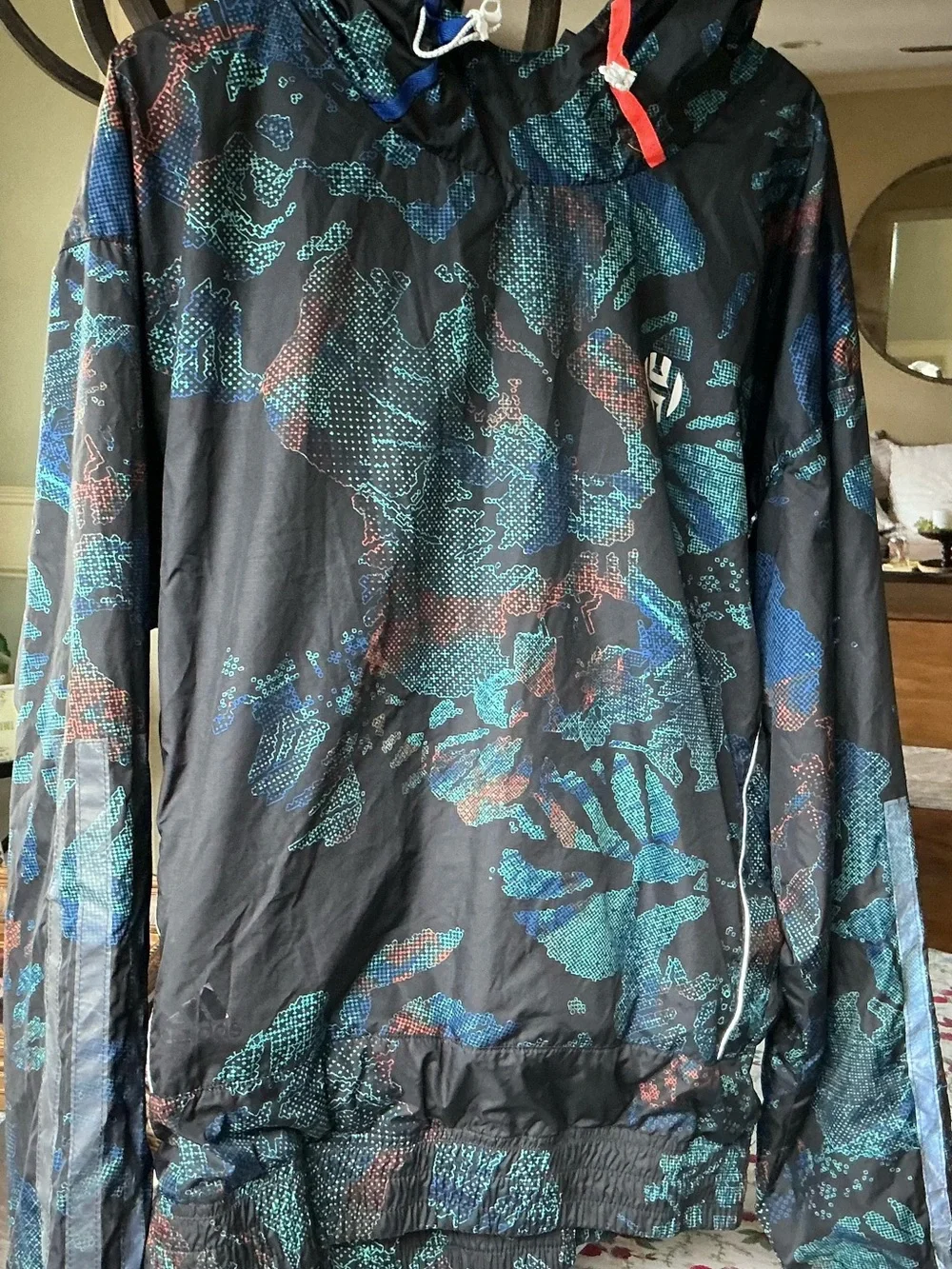 Adidas Men’s Lightweight Hooded Windbreaker Jacket - Black Teal Print